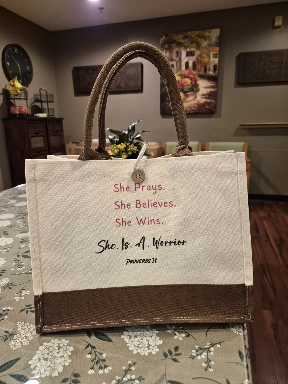 Canvas Tote Bag - Cream with Brown Accents